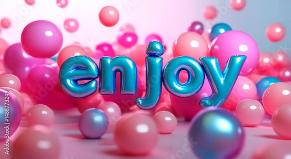 Obraz Ai-Generated photo with inflatable bright blue letters "enjoy" and pink balloons. Minimalistic balloon lettering