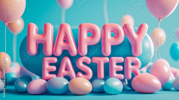 Fototapeta AI-Generated photo of inflatable pink letters "HAPPY EASTER" with balloons and eggs. Minimalistic balloon lettering on a light blue background