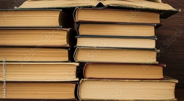 Fototapeta Vintage Books Stack and Open Pages - A collection of vintage books, some open, showing aged pages and covers. Symbolizing knowledge, history, literature, wisdom, and time