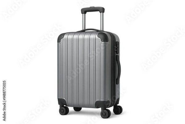 Fototapeta Modern gray trolley suitcase standing upright, ready for travel, isolated on transparent background