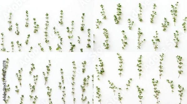 Fototapeta Tiny thyme sprigs scattered across a white surface, creating a simple pattern