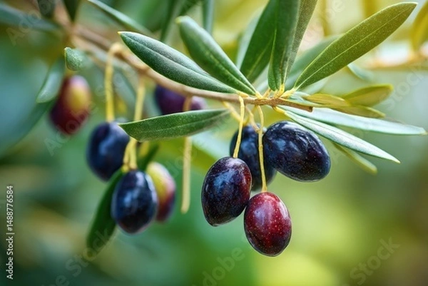 Fototapeta Olive Tree Branch with Ripe Green and Black Olives in Sunlight - AI Generated