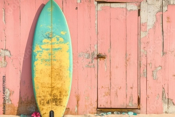 Fototapeta A weathered turquoise and yellow surfboard leaning against a pink wooden beach shack on the sandy shore.