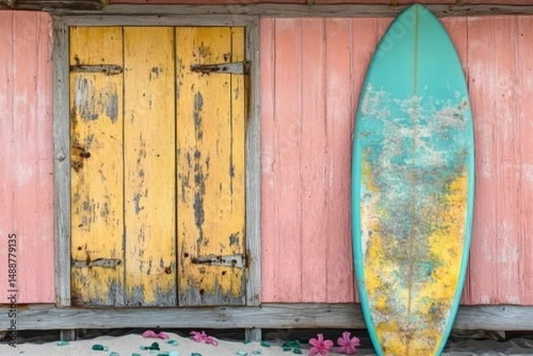 Fototapeta Rustic beach shack with a weathered yellow door, pink walls, a surfboard, sand, and flowers creating a vibrant coastal scene.