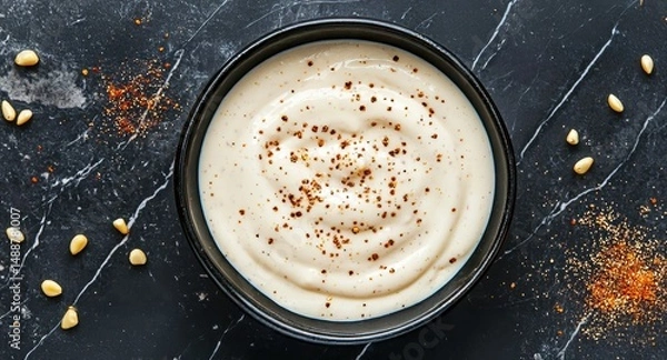 Fototapeta Creamy tahini sauce in a black bowl, garnished with spices, on a dark marble surface with scattered pine nuts and seasoning.