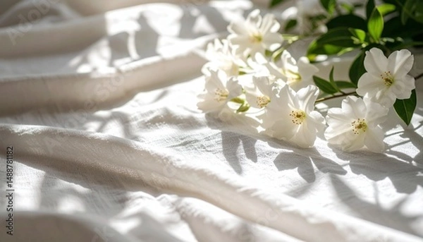 Fototapeta Flowers Casting Soft Patterned Shadows on White Tablecloth
