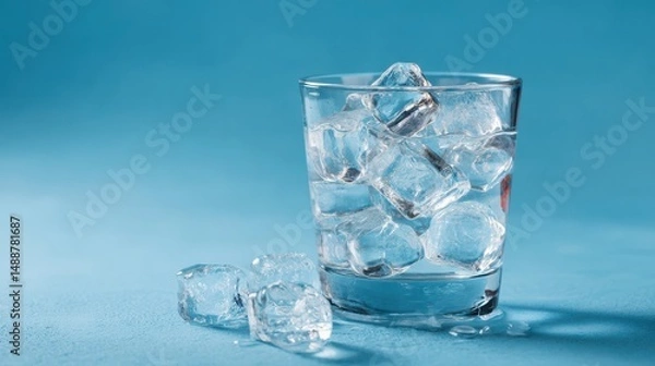 Fototapeta A 4K photo of ice cubes in a glass with crystal clear water on a blue background, serene, ice, serene.