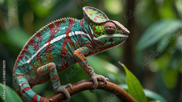Obraz Colorful Chameleon Clinging to Jungle Leaves
