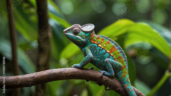 Obraz Colorful Chameleon Clinging to Jungle Leaves
