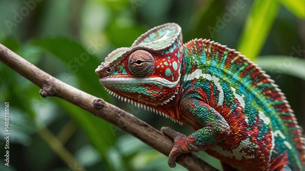 Obraz Colorful Chameleon Clinging to Jungle Leaves
