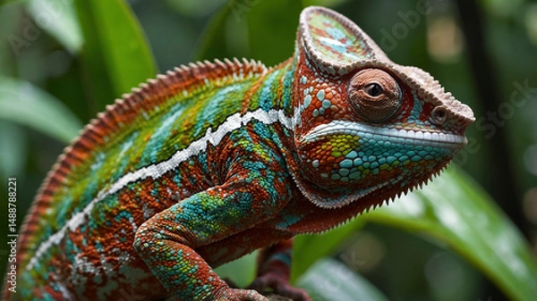 Obraz Colorful Chameleon Clinging to Jungle Leaves
