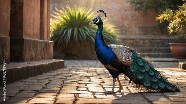 Obraz Majestic Peacock with Full Plumage in Stone Courtyard
