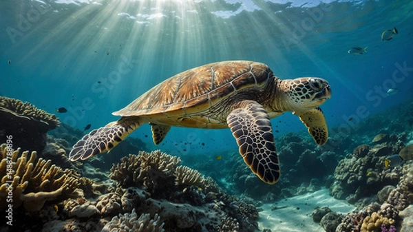 Obraz Marine Turtle Swimming in Clear Tropical Waters with Coral
