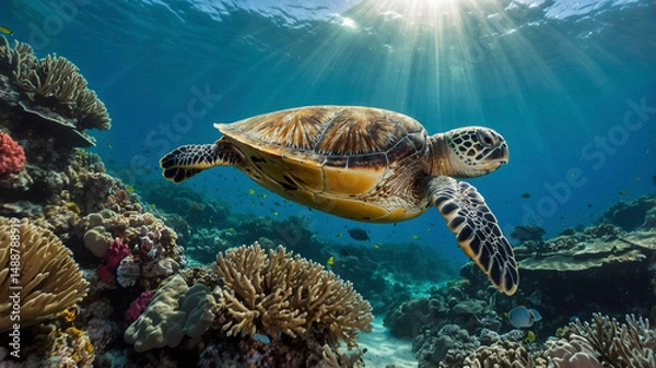 Obraz Sea Turtle Gliding Through Coral Reef Under Sunlit Ocean
