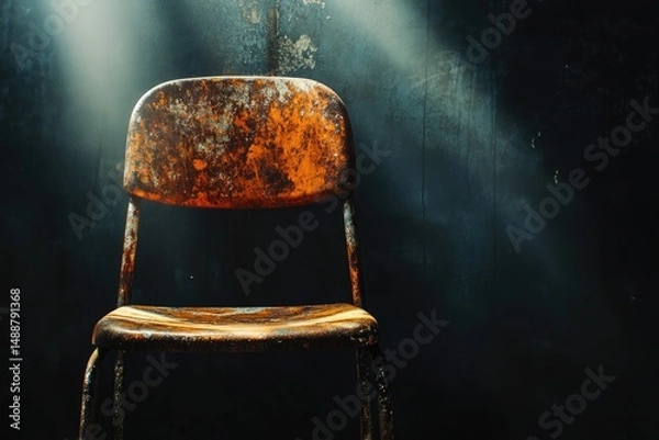 Fototapeta An old, rusty metal chair stands alone against a textured wall, bathed in ethereal light.