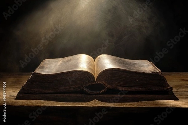 Fototapeta An aged open book rests on a wooden surface, illuminated by a soft, ethereal light against a dark backdrop.