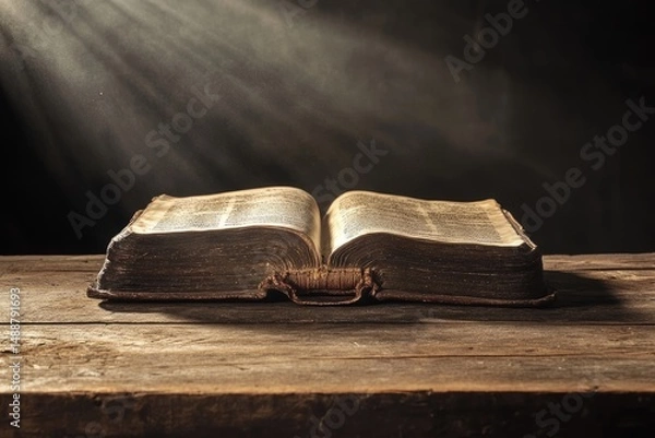Fototapeta Open antique book illuminated by rays of light on rustic wooden table against dark backdrop.