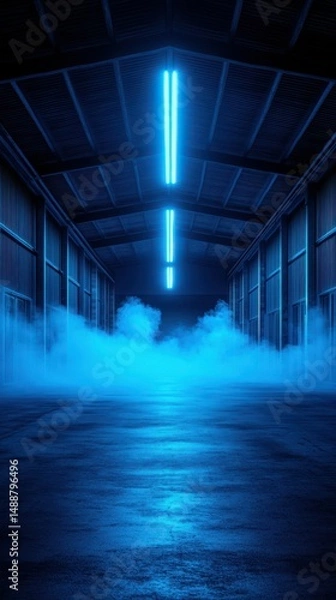 Fototapeta Misty blue light fills an empty warehouse creating a surreal atmosphere at night