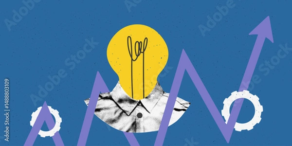 Fototapeta Trendy halftone collage banner template. Character with light bulb instead head, arrow up and gears. Idea, innovation, success concept. Modern retro mixed media design vector illustration