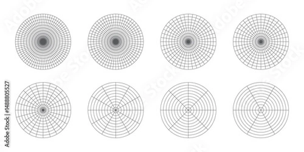 Fototapeta Polar coordinate grids divided into 6, 8, 12, 24, 36, 40, 60, 72 sectors and 10 circles. Set of concentric meshes with different angles. Radar scheme. Vector illustration.