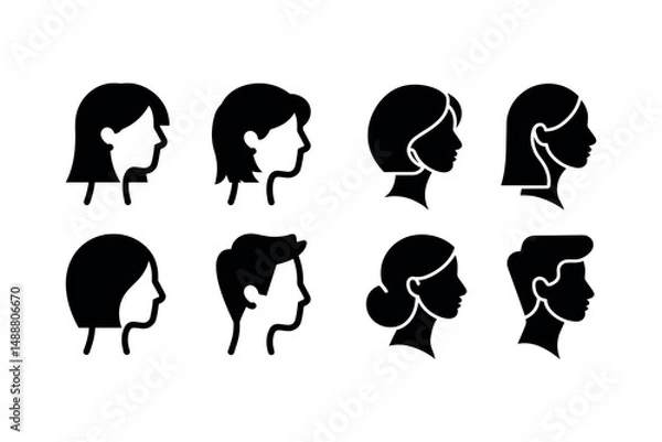 Fototapeta Vector Set of Diverse Human Profile Silhouettes with Different Hairstyles