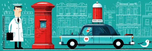 Obraz A person in a blue suit stands beside a vintage car with a roof-mounted device near a red mailbox on a rainy street. The urban landscape includes buildings and a bird nearby