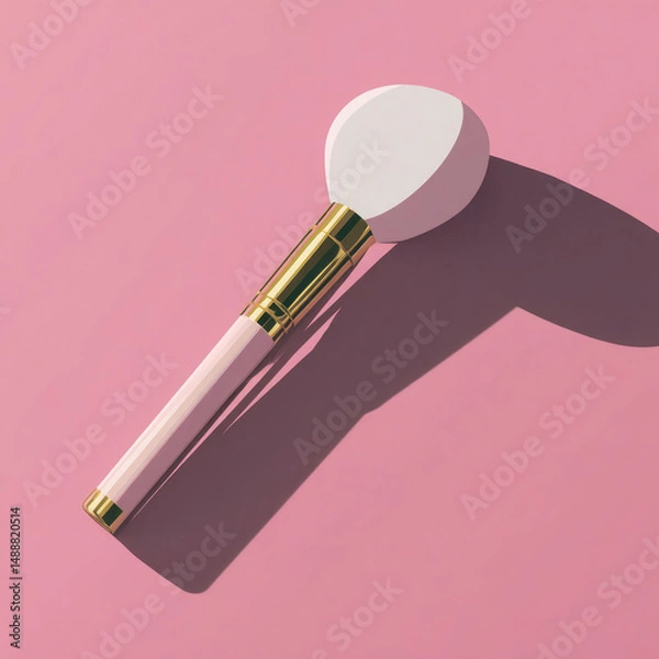Obraz Vector illustration features a soft makeup brush with a white head and pink handle, resting on a pink background. The brush casts a subtle shadow, emphasizing its design
