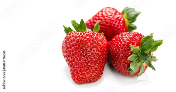 Fototapeta Strawberry isolated on white background. Three Fresh ripe organic strawberries, macro shot of fresh juicy berries, top view, close up, flat lay 