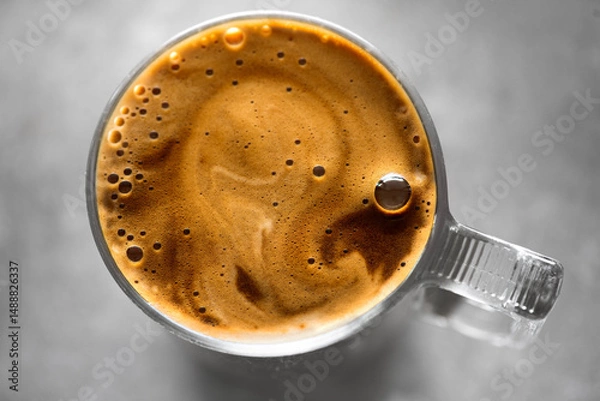 Fototapeta Coffee cup from above, Espresso foam texture, creamy coffee, rich, freshly brewed cup of hot latte. Top view of cappuccino milk foam closeup. Creamy coffee macro shot, on a grey table, top view 