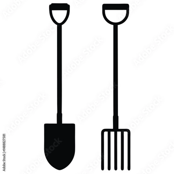 Fototapeta Silhouette Shovel and Pitchfork Essential Tools for Gardening and Farming Tasks