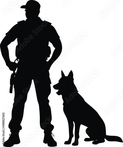 Fototapeta Silhouetted Security Officer with K9 Companion, Guard Dog Sitting Attentively Beside Law Enforcement