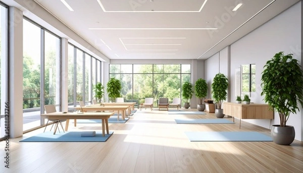 Fototapeta Bright and Spacious Modern Studio Interior with Natural Light and Wellness Focused Elements for Relaxation and Meditation