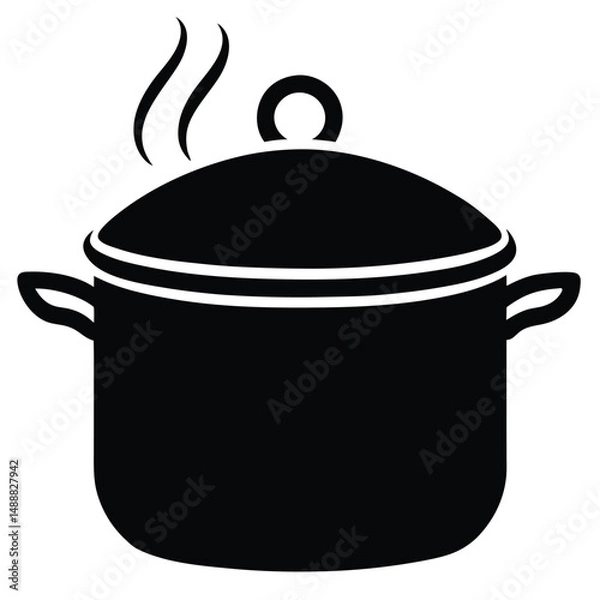 Fototapeta Steaming Black Cooking Pot with Lid and Handles, Isolated Kitchenware Illustration
