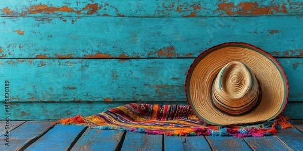 Fototapeta Colorful woven blanket and sombrero against a rustic blue wall in a cozy setting
