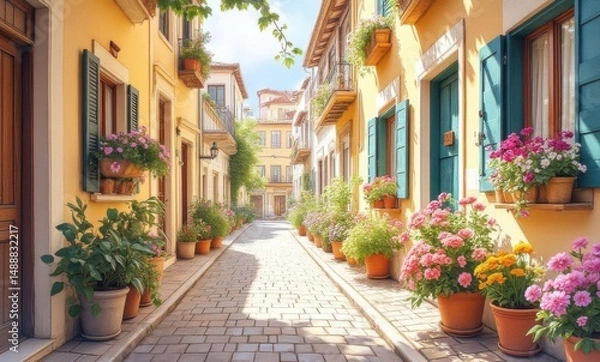Fototapeta Charming street with vibrant flowers, sunny ambiance, and colorful buildings in a peaceful setting.