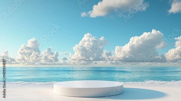 Fototapeta Product display podium set against a beach with blue sky and soft white clouds in the background 