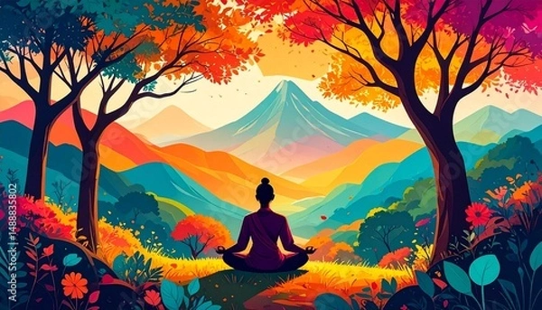 Fototapeta Serene Meditation in Colorful Autumn Landscape with Majestic Mountain and Vibrant Trees