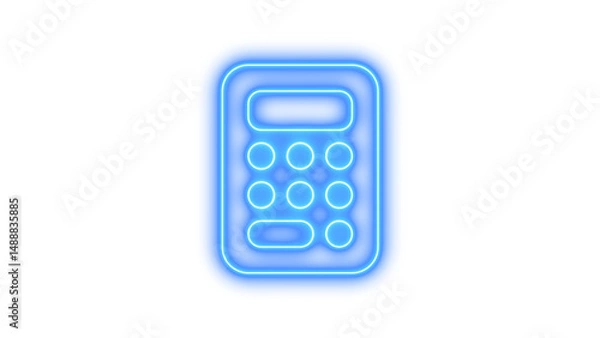 Fototapeta Glowing neon calculator icon on a dark background, featuring a rectangular shape with rounded corners and circular buttons