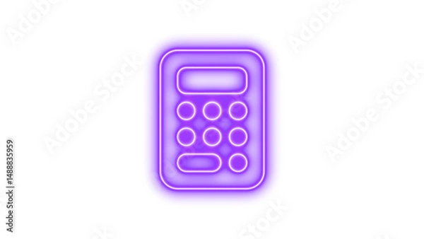 Fototapeta Glowing neon calculator icon on a dark background, featuring a rectangular shape with rounded corners and circular buttons