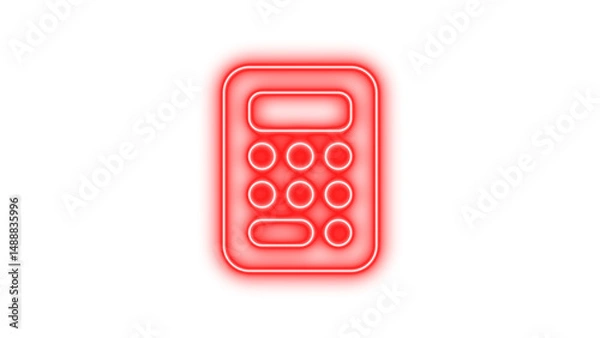 Fototapeta Glowing neon calculator icon on a dark background, featuring a rectangular shape with rounded corners and circular buttons