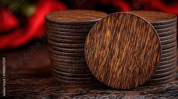 Fototapeta A stack of wooden coasters with a central empty coaster.