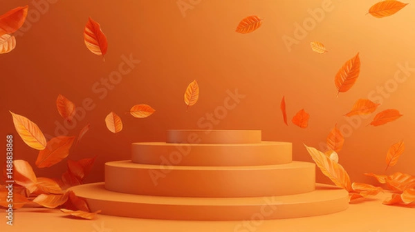 Fototapeta Nature’s Stage: Podium Display with Leaves in 3D Render

