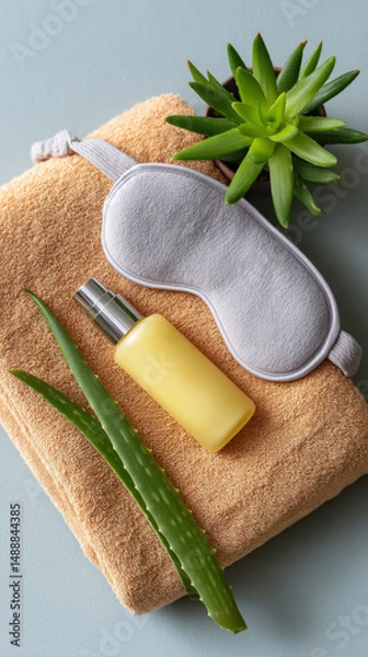 Fototapeta After sun essentials flat lay with towel and skincare items for relaxation