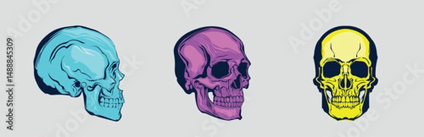 Fototapeta A set of vector stickers featuring hand-drawn human skulls. Drawn with neon colors and abstract lines on a gray background, the vector skulls will add a grunge touch to any project.