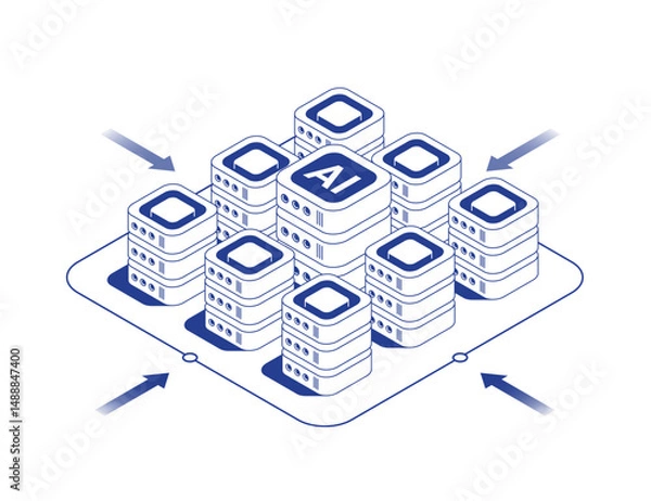 Obraz Data center server room isometric illustration with main server rack surrounded by smaller servers connected by data cables and arrows showing information flows in line contour vector style.