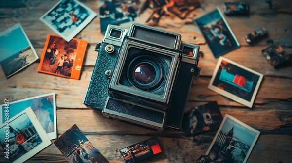Obraz A 1990s Polaroid camera surrounded by printed photos and film cartridges on a wooden surface