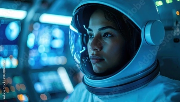Obraz A focused female astronaut inside a space capsule surrounded by blue control panels representing exploration and ambition