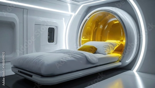 Obraz A sleek futuristic sleeping pod in a minimal white environment suggests space travel, isolation, advanced design, and restful solitude