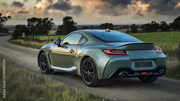 Fototapeta Modern green sports car parked on country road at sunset