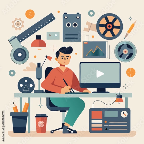 Fototapeta man with computer Vector icon illustration silhouette Graphics design image white background

